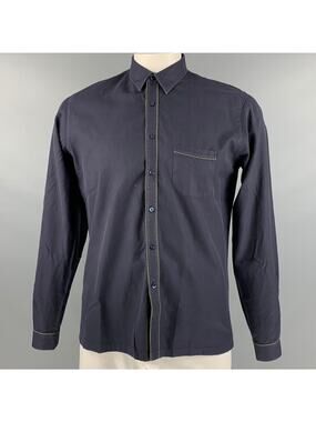 L.Y ADAMS Size L Navy Green Contrast Trim Cotton Long Sleeve Shirt